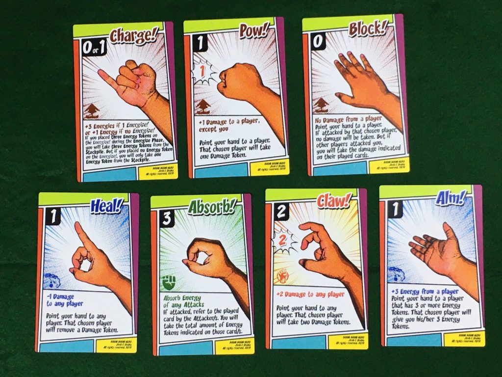 boom boom hero action cards: charge, pow, block, heal, absorb, claw, aim