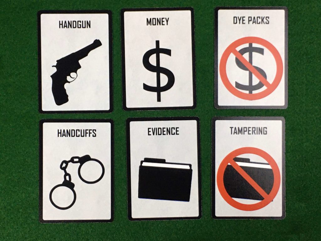 deep cover item cards: handgun, handcuffs, money, dye packs, evidence, evidence tampering