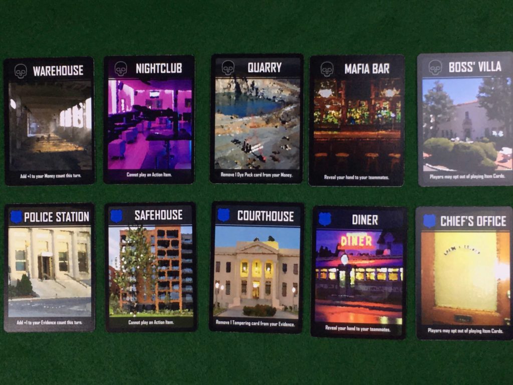 deep cover location cards: criminal locations - warehouse, nightclub, quarry, mafia bar, and boss' villa. Law enforcement locations police station, safehouse, courthouse, diner, chief's office.